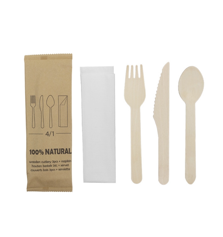 MONOUSO - Holzgabel, Messer, Löffel und Servietten-Set 20,5cm (25 Stück) Image