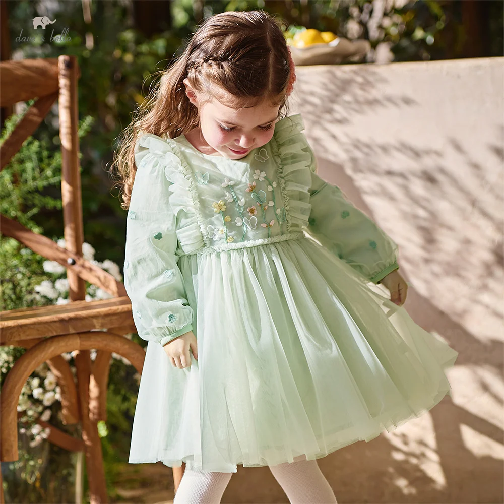 Robe de princesse pour bébé fille Dave Bella, vêtements pour enfants, printemps automne, vêtements pour enfants, charme vert, maille élégante, fête en plein air, DB1260177