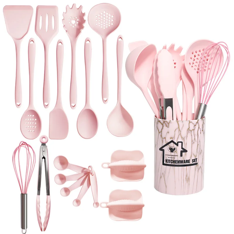 Ustensiles de cuisine en Silicone de qualité alimentaire, rose, 18 pièces, ustensiles, tourneur, spatule, cuillère à mesurer, outil de cuisine pratique, ensemble d'ustensiles de cuisine