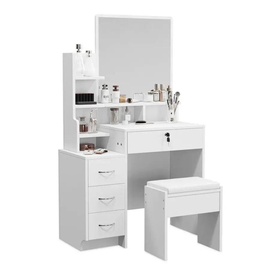 Schminktisch mit Spiegel und Hocker, Kosmetiktisch mit 4 Schubladen und offenen Fächern, Weiß Image