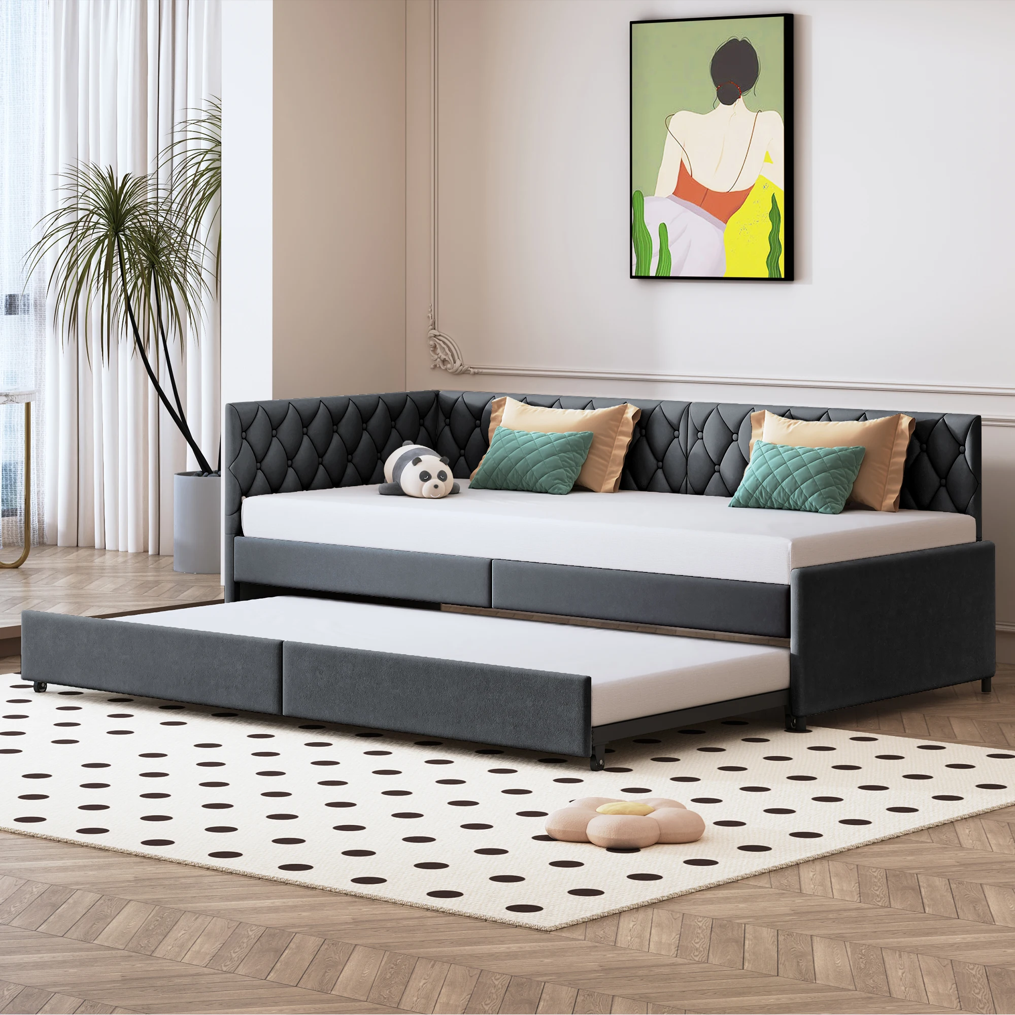 Superaly 90/180×200cm ausziehbares Schlafsofa, gepolstertes Bett mit Holzlattenrost, multifunktionales Bett für Wohnzimmer und Schlafzimmer