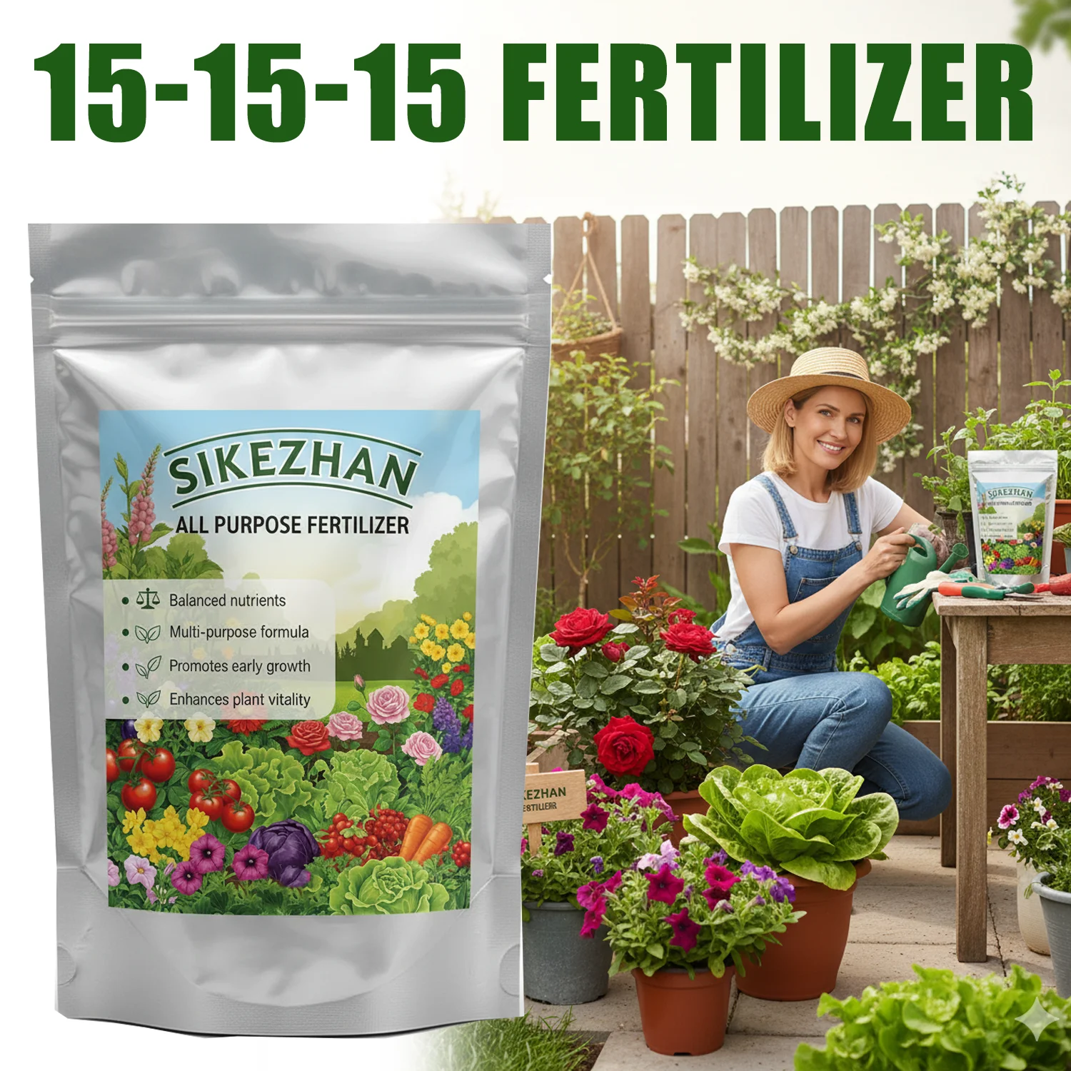 15-15-15 NPK-Pflanzendünger, Allzweck-Verbunddünger, schnelle Nährstoffversorgung für Gemüse, Blumen, Obst und Rasen, für den Gartengebrauch Image