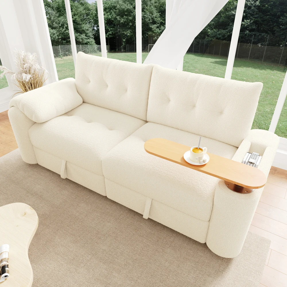 3-Sitzer Teddy-Plüsch Modulares Sofa mit Stauraum, Kopfstütze & Integriertem Beistelltisch, Platzsparendes Schlafsofa für Wohnzimmer Image