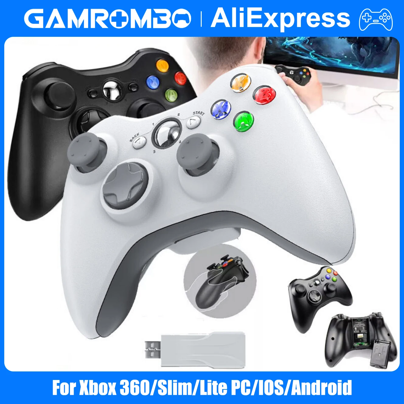 GAMROMBO Game-Controller für Xbox 360/Slim/PC-Konsole, kabelloses/kabelgebundenes Gamepad mit ergonomischem Griff, verbesserter Gaming-Joystick ohne Drift Image