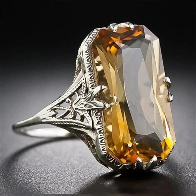 Citrin ausgehöhlt geschnitzt S925 Silber Ringe übertrieben Silber Hand Schmuck für Frauen Edelstein Hochzeit Party Ring Großhandel Image