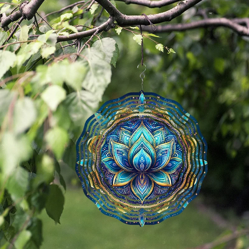 Mandala Windspinner - 10 Zoll Blaue Metall-Windmühle für den Garten, 360° ° Drehbarer Haken, lebendige Außendekoration für Terrasse, Balkon, Hof Image