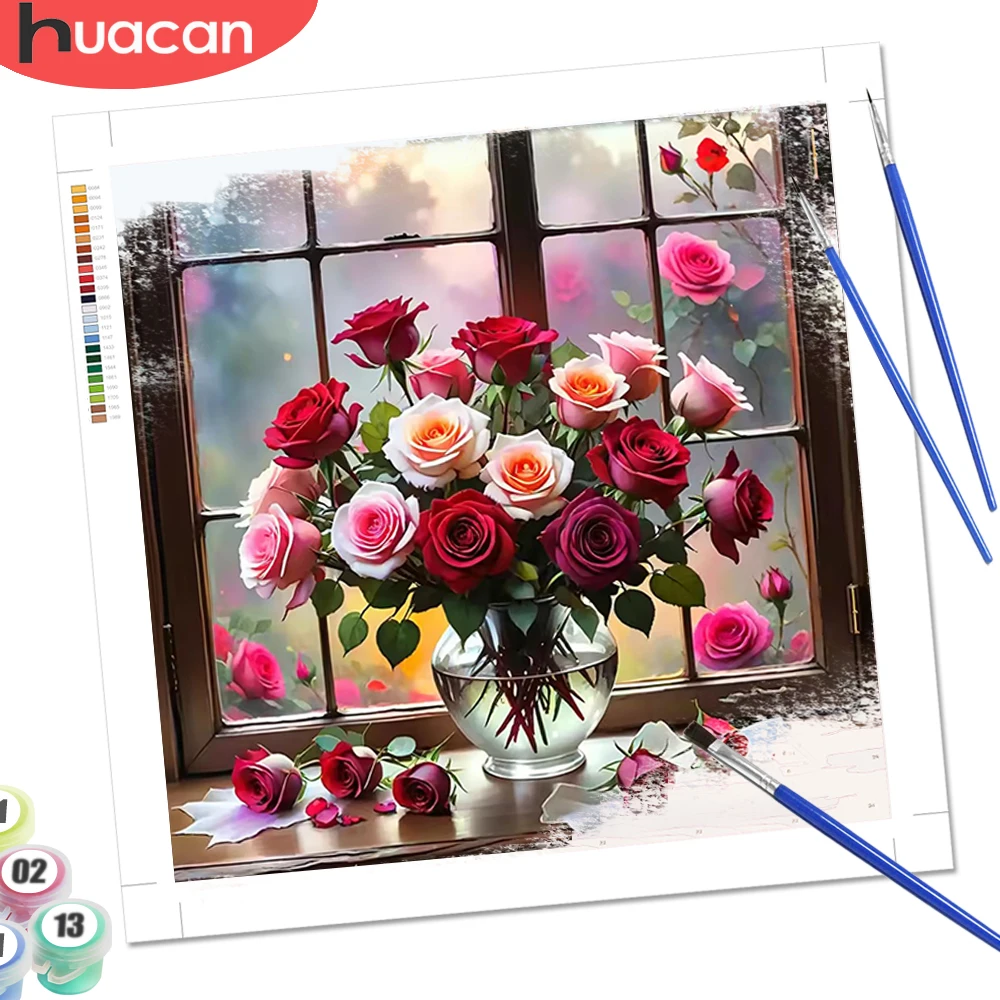 HUACAN Malen nach Zahlen Set Rosenblüten Zeichnung auf Leinwand Einzigartiges Geschenk Blumen Hobby Kreative Wanddekoration Handgefertigt Image