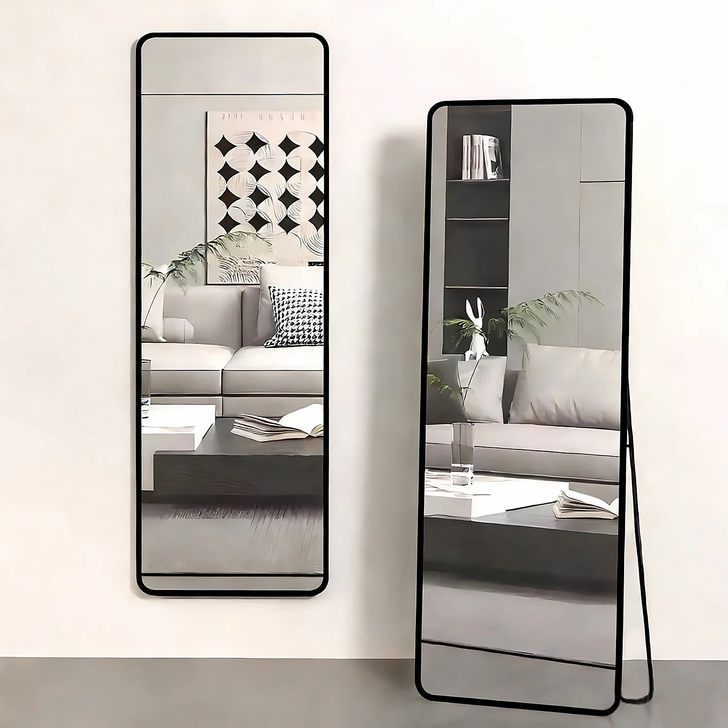 Ganzkörperspiegel 49x159 cm, Standspiegel zum Stehen, Anlehnen oder Aufhängen. Ideal für Schlafzimmer, Wohnzimmer, Ankleidezimmer. Schwarz