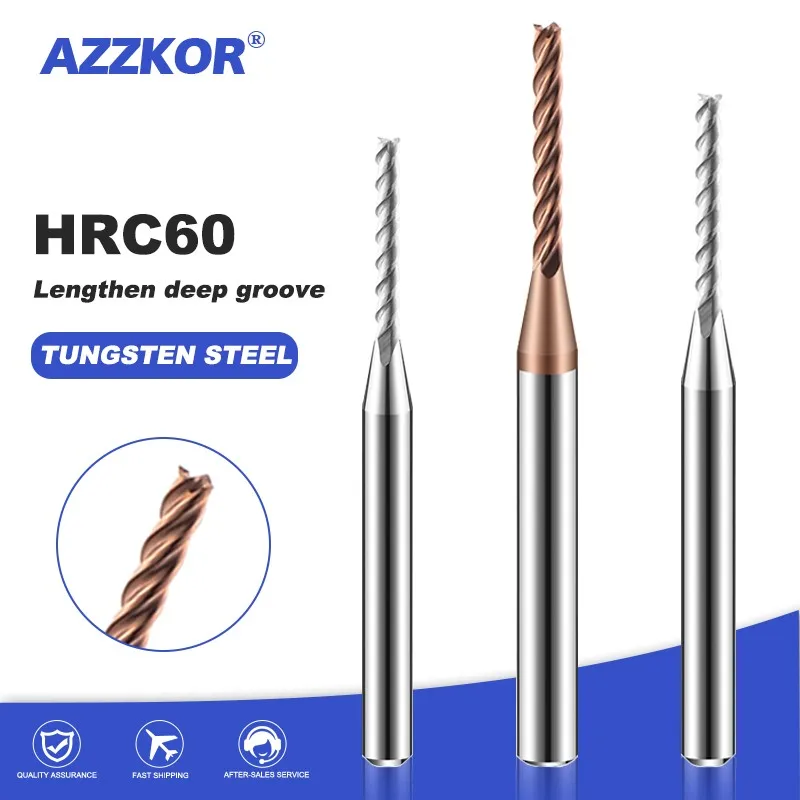 Azzkor hrc60 Wolfram stahl karbid verlängerter Rillen fräser 1/2/2,5 Klingen länge 6/8/10/Aluminium/Stahlwerk zeuge Image
