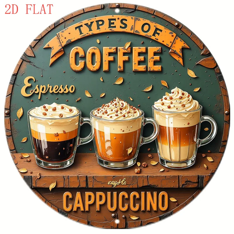 [2D Flach] 1 Stück Vintage Kaffee Cappuccino Kunst Metall-Wandschild - 20x20 cm Runde Aluminium-Dekoration mit Espresso & Latte Art