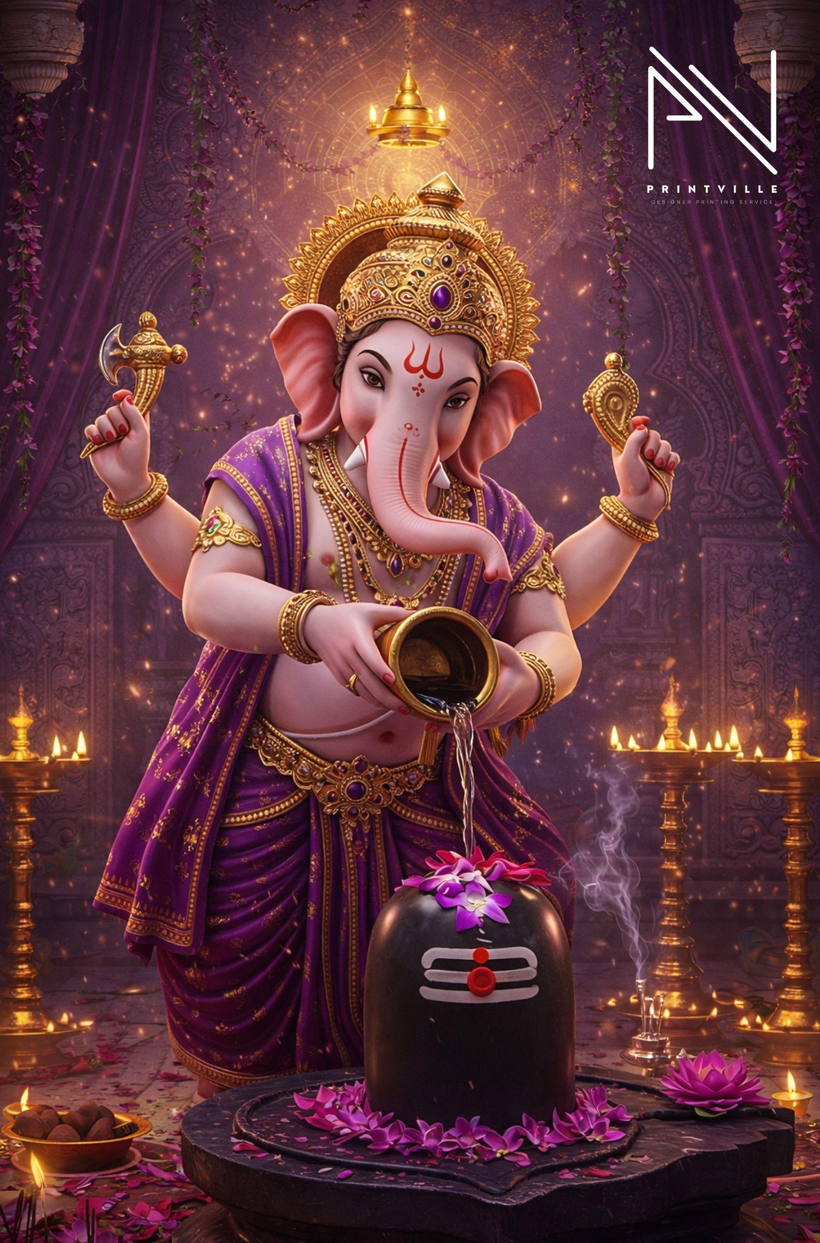 Stampa su tela Lord Ganesha Wall Art / Opera d'arte Ganpati Shivling Abhishek / Poster spirituale del dio indù Ganesha / Decorazione domestica indiana