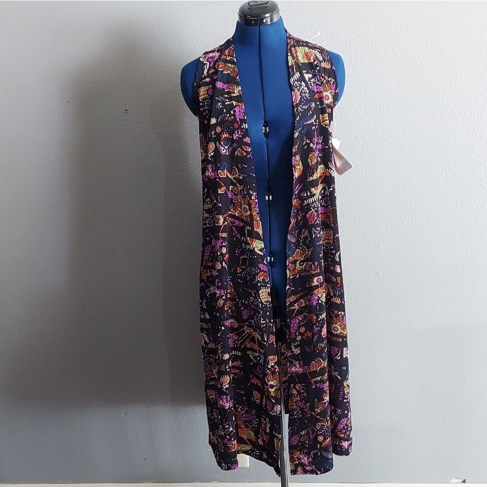 Lularoe Sweaters | Xs Lularoe Joy Duster Vest Floral Purple Cream Green Red On Black Silky Nwt | Color: Black/Purple | Size: Xs
