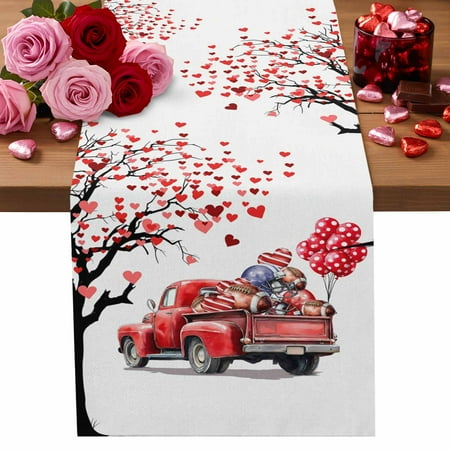 Valentine s Day Cotton Linen Table Runner Watercolor Red Truck Love Heart Tree Rugby Balloons Beige Dining Table Runners for Home Decor Party Dining Room Restaurant Kitchen Party 13 x 120