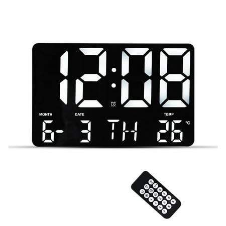Alarms Clock w/Remote Control Non-Abbreviated Day Date Clock for Vision Impaired Elderly - White light with black frame