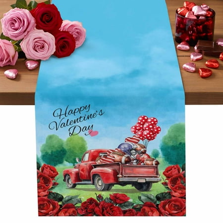 Valentine s Day Cotton Linen Table Runner Watercolor Red Truck Love Heart Rugby Balloons Red Rose Grass Dining Table Runners for Home Decor Party Dining Room Restaurant Kitchen Party 13 x 48