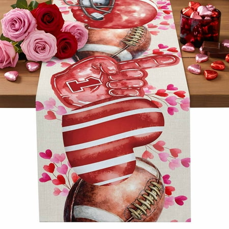 Valentine s Day Cotton Linen Table Runner Watercolor Red Pink Rugby Helmet Glove Love Heart Linen Texture Dining Table Runners for Home Decor Party Dining Room Restaurant Kitchen Party 13 x 108