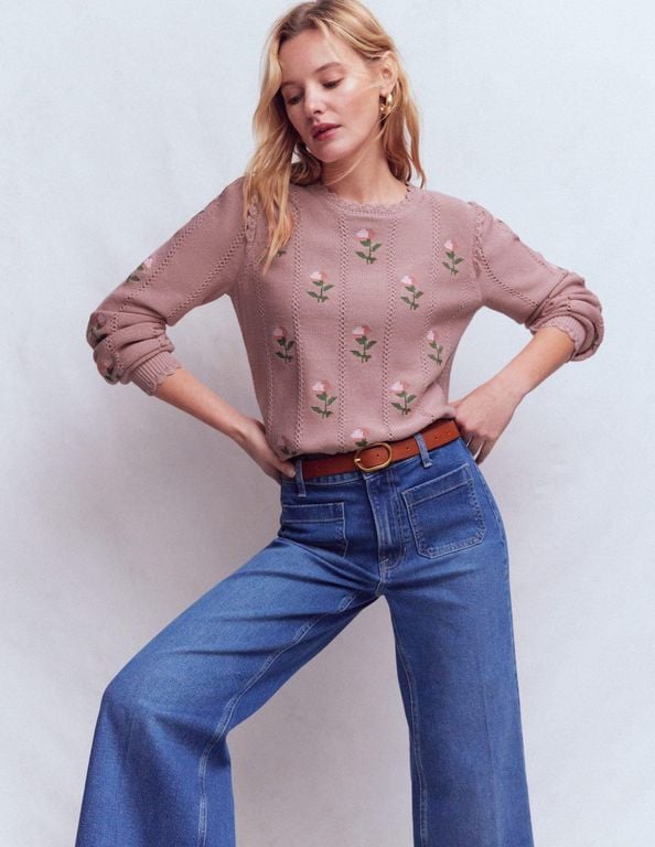 Valeria Crochet Trim Jumper-Rose, Embroidery - Blue - Boden Knitwear