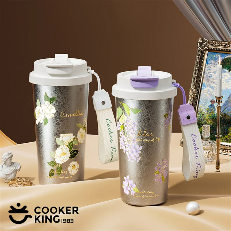 COOKER KING Thermobecher aus reinem Titan, 520 ml, isolierte Kaffeetasse mit Blumenmuster, doppelte Trink-Isolierung, Eis haltender Wasserbecher Image