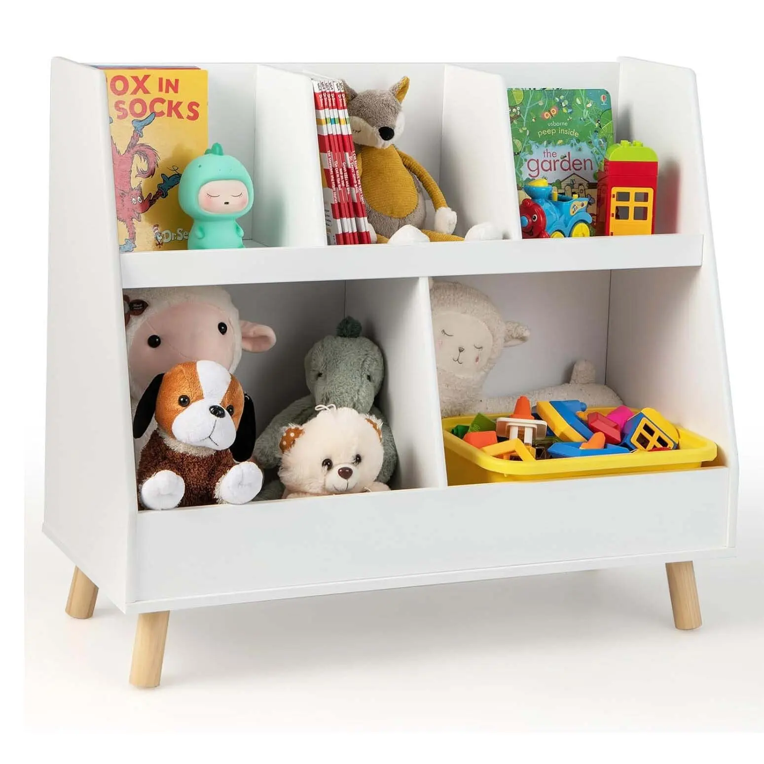 Kinderregal mit 5 offenen Fächern, Kinderbücherregal mit Beinen aus Massivholz und Neigungsschutz, Weiß Image