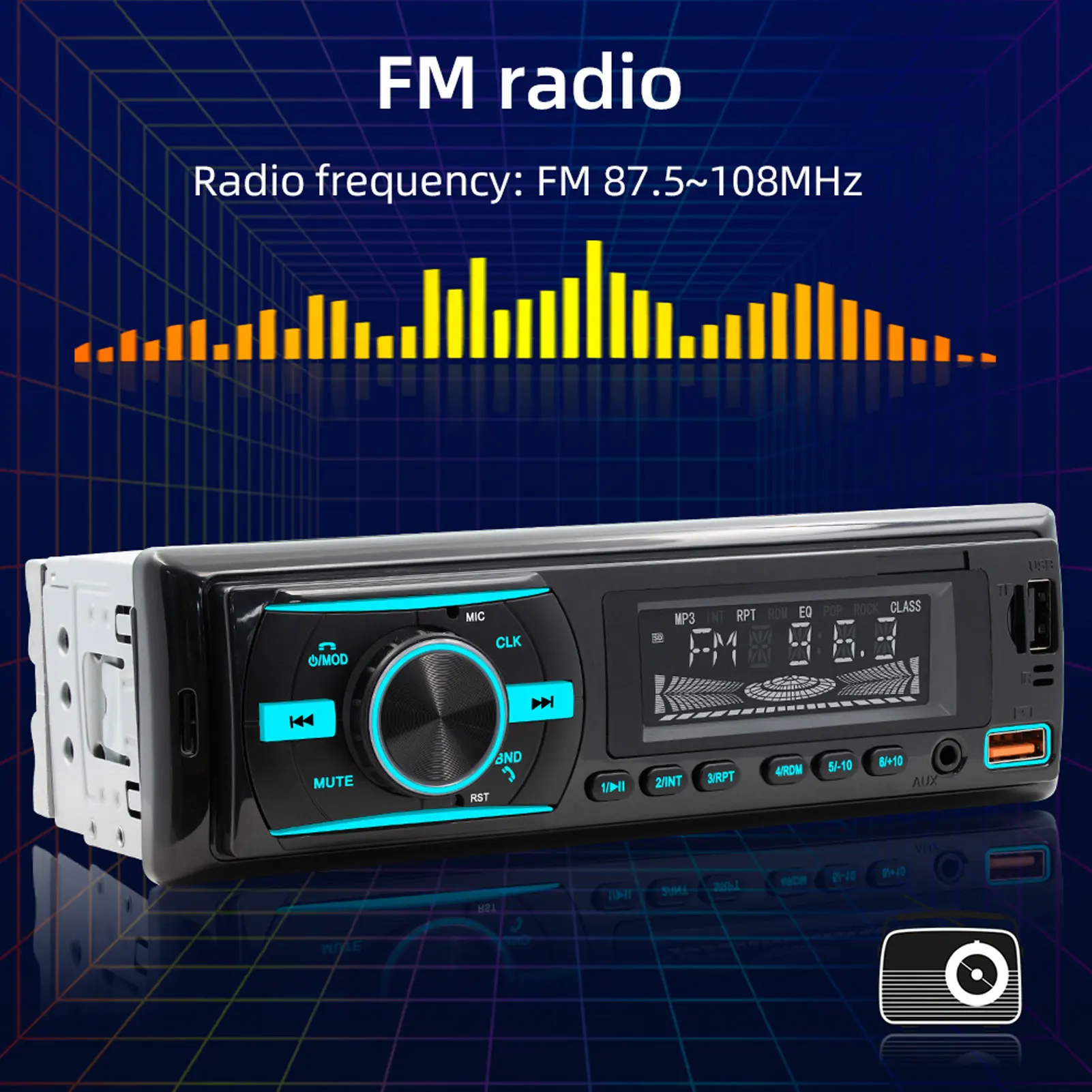 Einzelnes DIN-Autoradio, kabelloses Fernbedienungs-Stereo-Audiosystem mit RGB-Licht, APP-Steuerung, unterstützt FM, verlustfreier MP3-Speicherkartensteckplatz Image