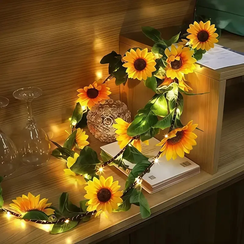 Sonnenblumen-Lichterkette, batteriebetrieben, künstliches Grün, für den Innenbereich, Baumgirlande für Schlafzimmer, Vorhang, Wohnheim, Hochzeitsdekoration Image