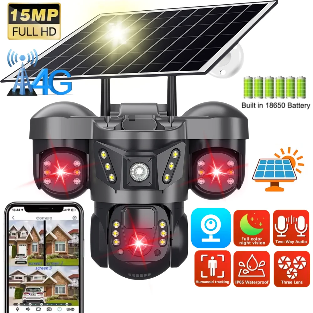 15MP Drei Objektiv Solar 4G PTZ Kamera Outdoor PIR AI Menschliche Erkennung Video Sicherheit IP Netzwerk Kameras Batterie Überwachung CCTV Image