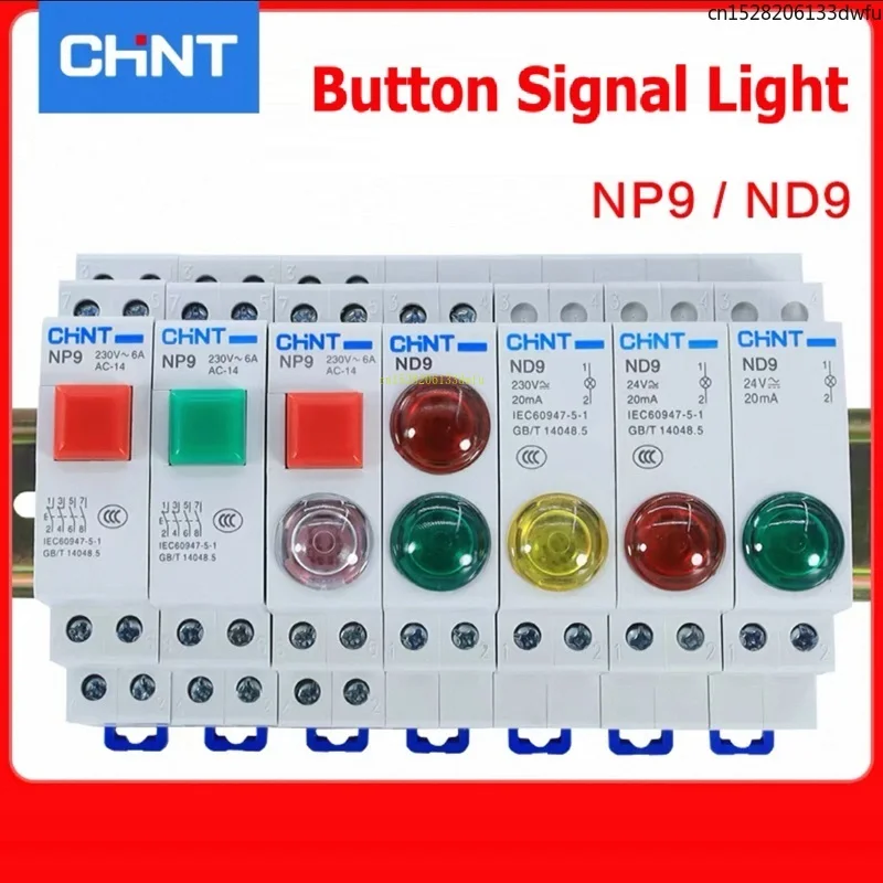 CHINT ND9 NP9 DIN-Schienen-Betriebsanzeigeleuchte AC DC 220 V grün rote LED-Signalleuchte 24 V Knopfschalter Selbst-Reset-Start mit Licht Image