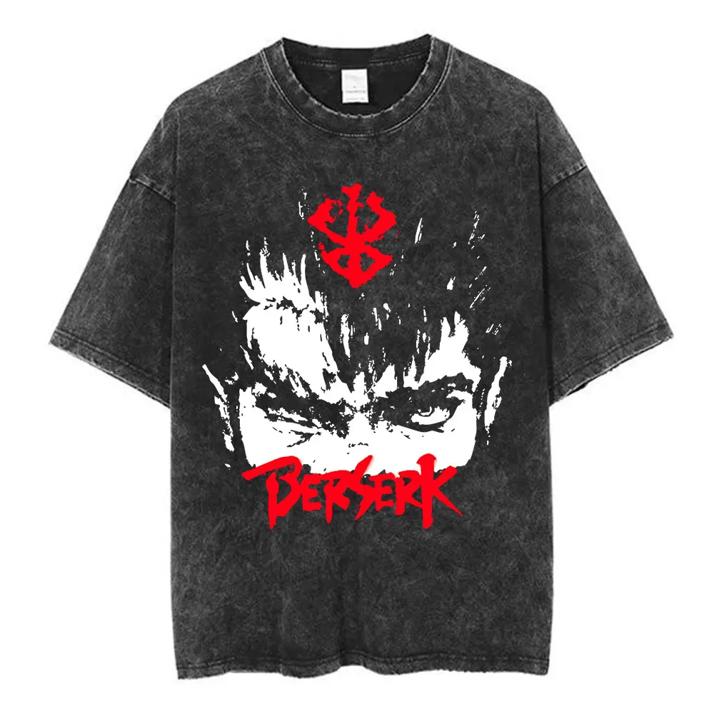 Vintage Washed Anime Berserk Guts Face T-Shirt Swordsman Gatsu Sacrifice Zodd T-Shirt Männer Frauen Baumwolle Casual Übergroße T-Shirts Image