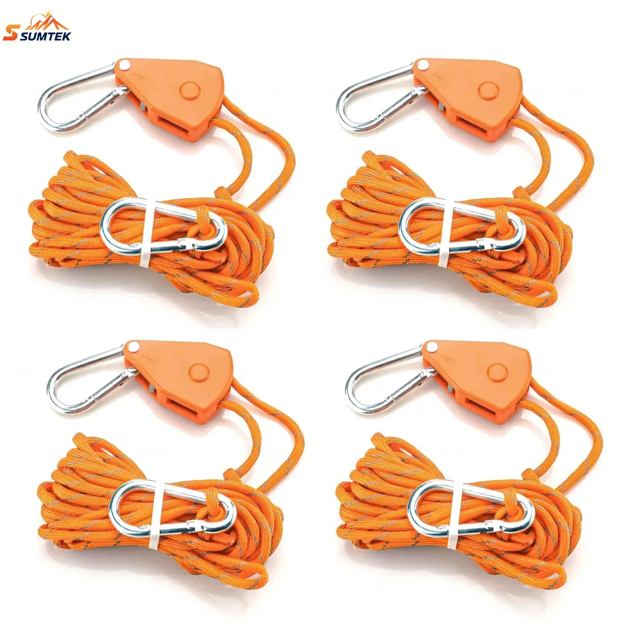 4er-Pack robuste reflektierende Camping-Seilrollen mit Sicherheitshaken – verstellbare, universelle und langlebige Metallgetriebe Image