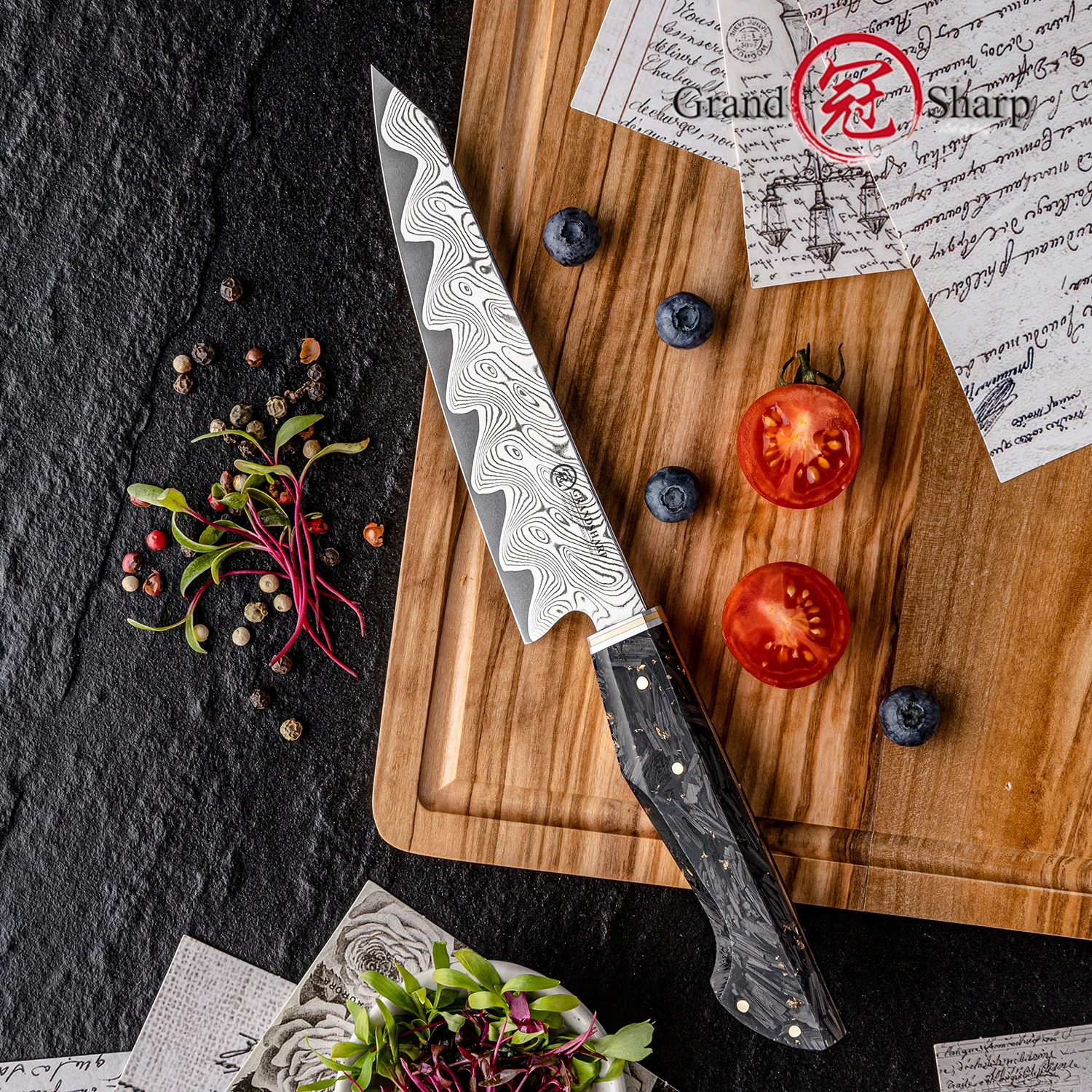 Grandsharp 5,4 Zoll Allzweckmesser 67-lagiges Küchenmesser aus Damaststahl, Obstmesser mit Kohlefasergriff, Küchenzubehör Image