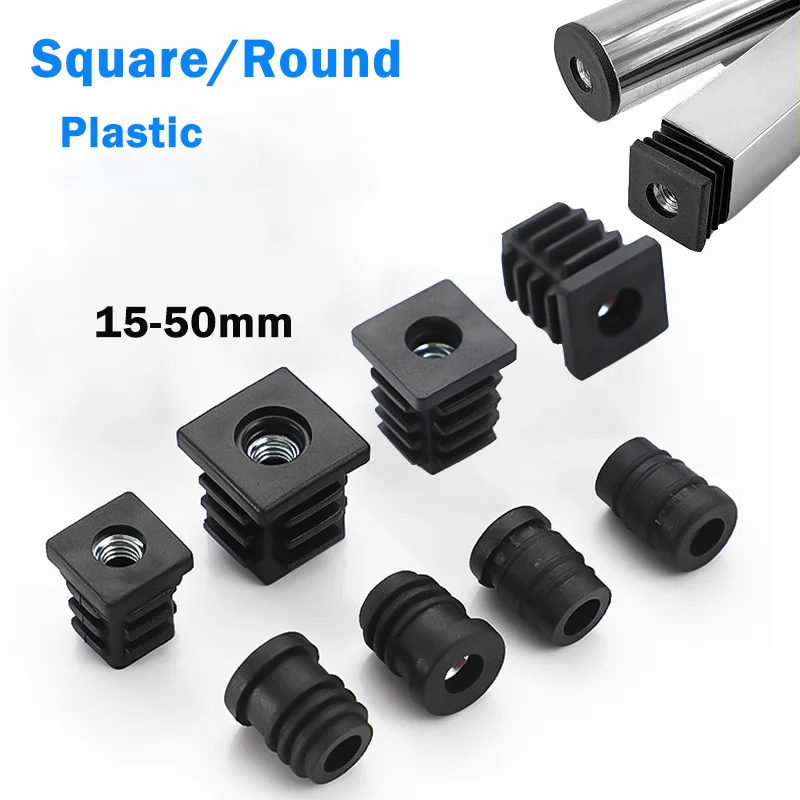 4/8pc Schwarz Quadrat/Runde Kunststoff Rohr Stopfen Möbel Bein Füße Mit M6 M8 M10 Mutter Loch rohr Blindung Ende Einsätze Kappen Rohr Abdeckung Image