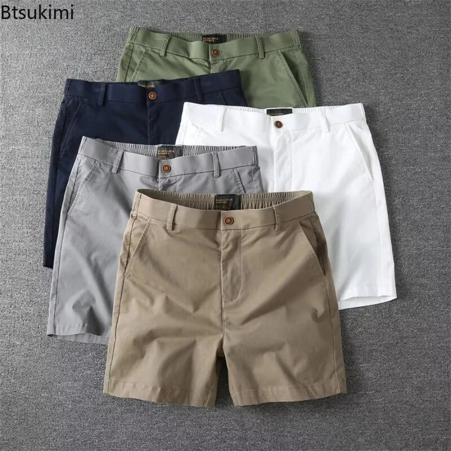 Herren Sommer Casual Shorts Reine Baumwolle Einfarbig Dehnbare Gerade Hosen Trendy Hohe Taille Elastische Taille Viertel Strand Hosen Image