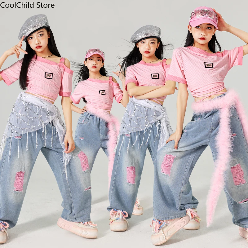 Mädchen K-pop Süße Crop Top Rosa Jeans Hip Hop Kleidung Sets Kinder Jazz Zerrissene Denim Hosen Kinder Streetwear Street Dance kostüm
