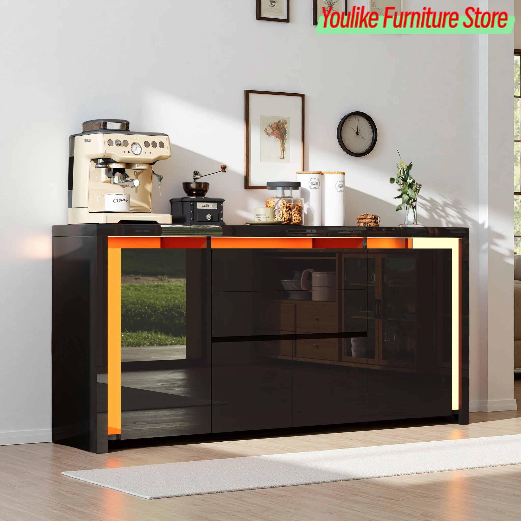 Comanlai Modernes Sideboard mit LED-Licht, 2 Schubladen und 4 Türen, Kommode für Wohnzimmer, Aufbewahrungsschrank, 160 x 35 x 75 cm Image