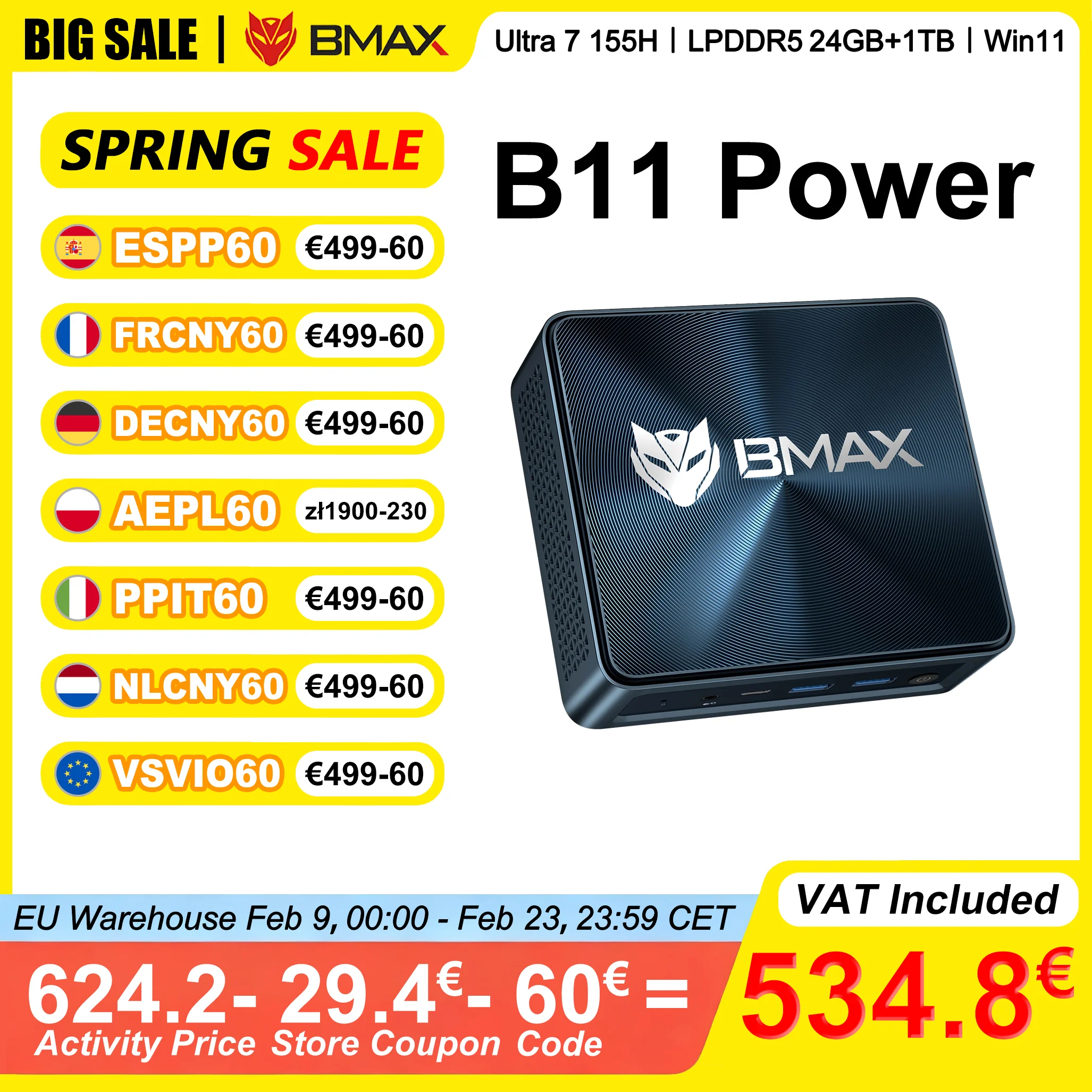 BMAX B11 Power Mini-PC Intel Core Ultra 7 155H 24 GB LPDDR5 4400MHz RAM 1 TB SSD Windows 11 Pro WiFi 6 Bluetooth 5.2 HDMI Typ C Image