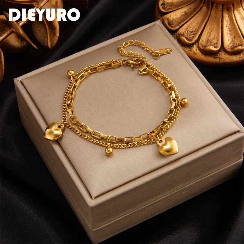 DIEYURO 316L Edelstahl Multilayer Liebe Herz Armband Für Frauen Hohe Qualität Gold Farbe Rostfrei Mädchen Handgelenk Schmuck Geschenk Image