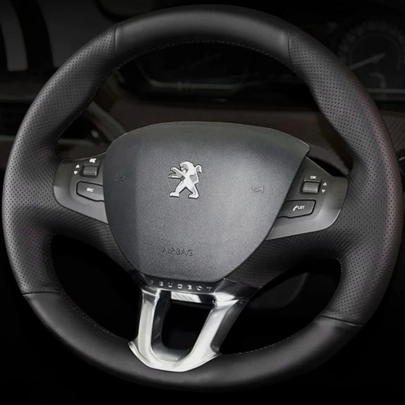 Handgenähter schwarzer PU-Kunstleder-Lenkradbezug für Peugeot 208 2011–2019, Peugeot 2008 2013–2018 2019 Image
