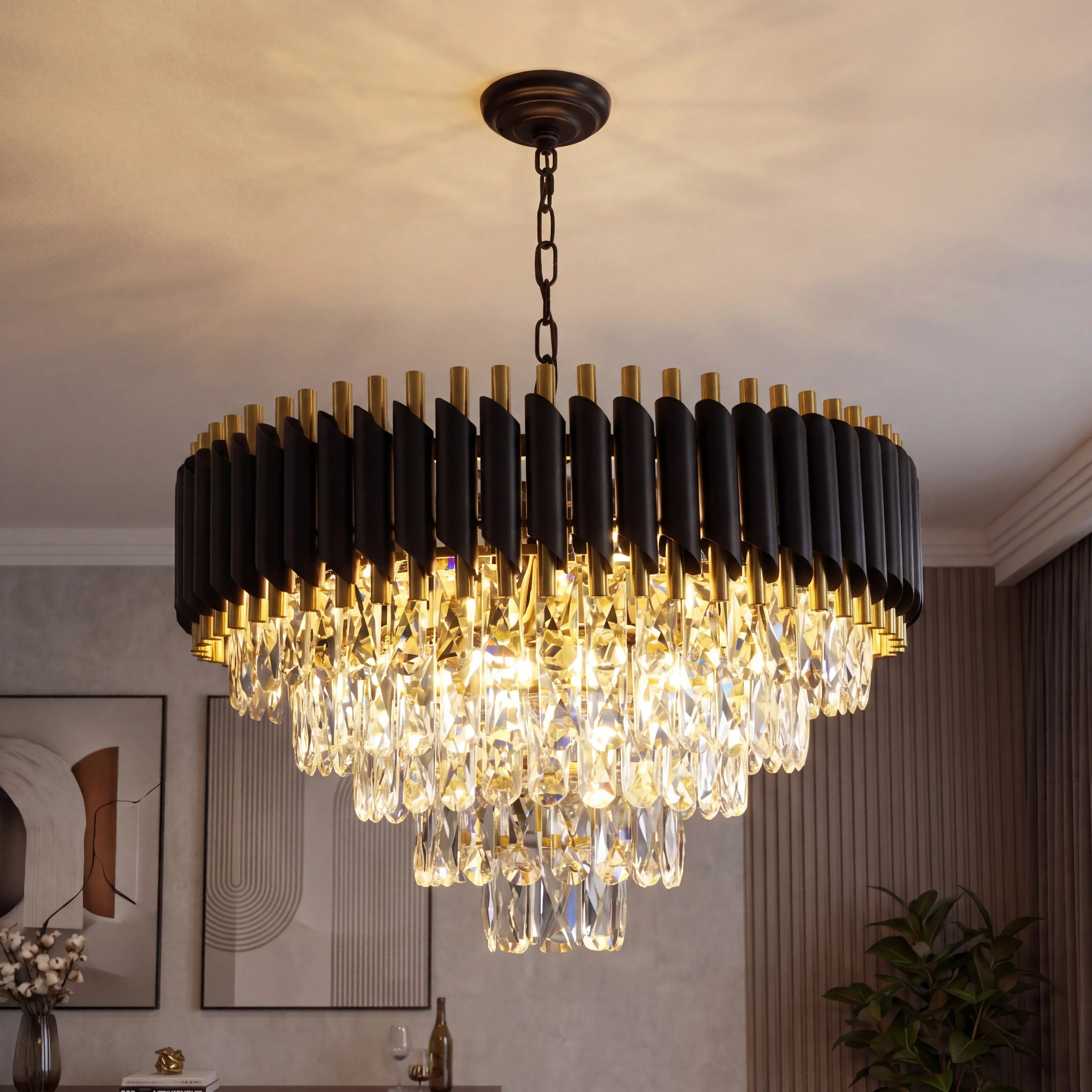 Moderner Kristall-Kronleuchter in Schwarz und Gold, dimmbarer 5-stufiger runder K9-Kristall-Kronleuchter für Kücheninsel/Wohnzimmer/Schlafzimmer