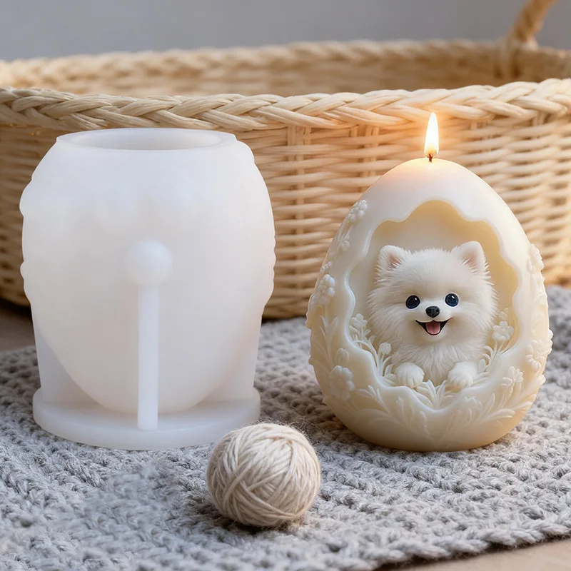 Pomeranian Hund Kerze Form Ei-förmigen Relief Pomeranian Kerze Silikon Form DIY Handgemachte Aromatherapie Gips Seife Machen Form Image