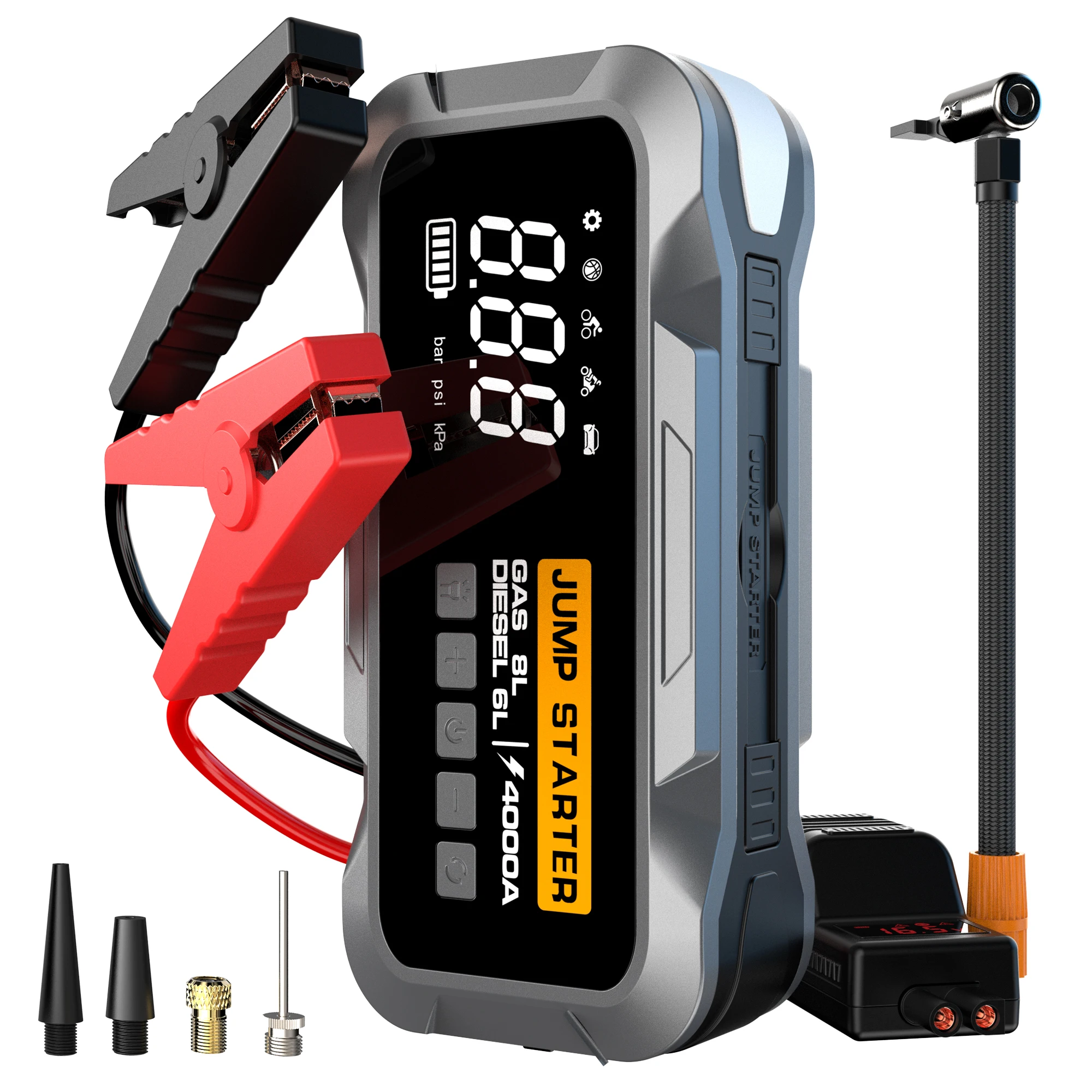 Démarreur de voiture et pompe à air 12000 mAh, démarreur de batterie de voiture 12 V 4000 A, booster, batterie externe, éclairage, gonfleur pour voitures essence et diesel