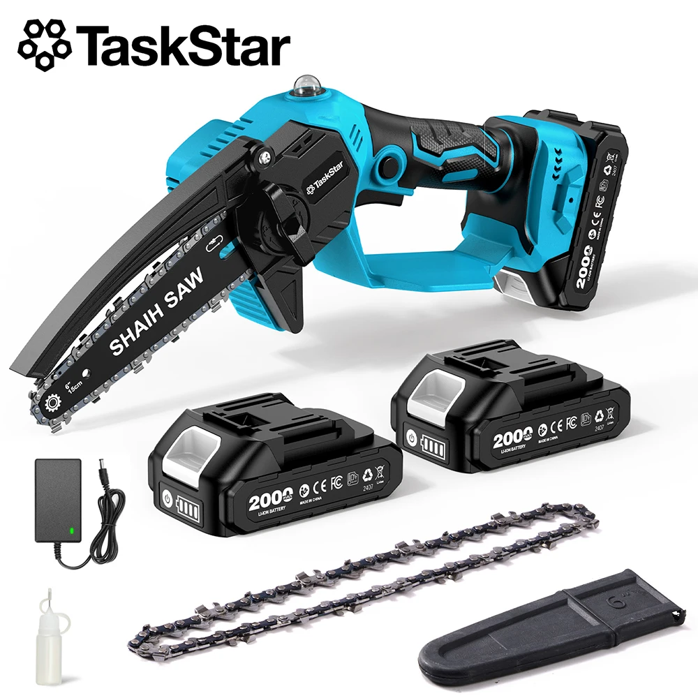 Mini tronçonneuse TaskStar 6 pouces sans fil, outil de travail du bois portatif, outil de jardinage, scie électrique avec 2 batteries 2,0 Ah compatibles avec Makita 18V