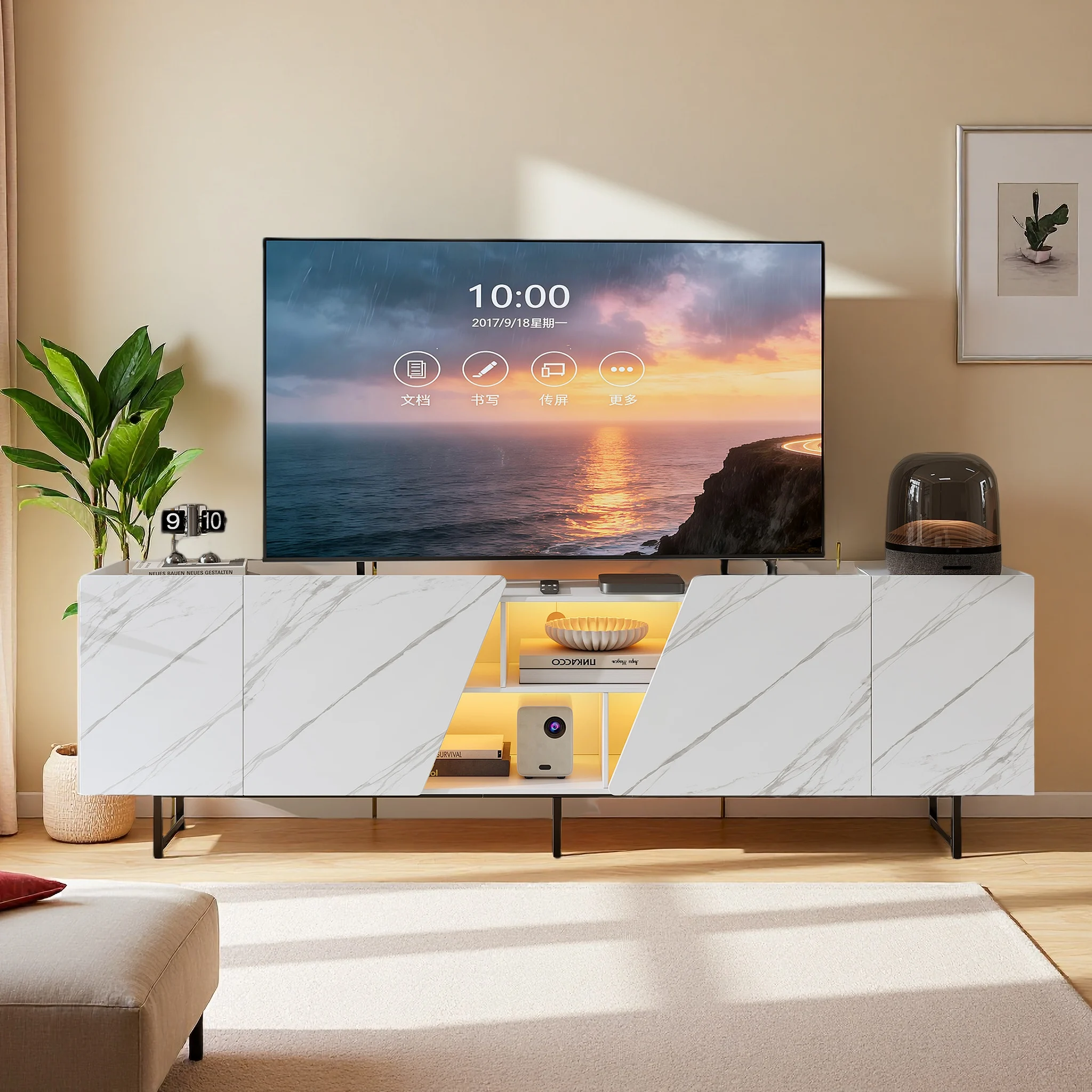 Meuble TV 220 cm avec éclairage LED, meuble TV 4 portes, meuble TV bas avec rangement intégré, support TV pour chambre ou salon,