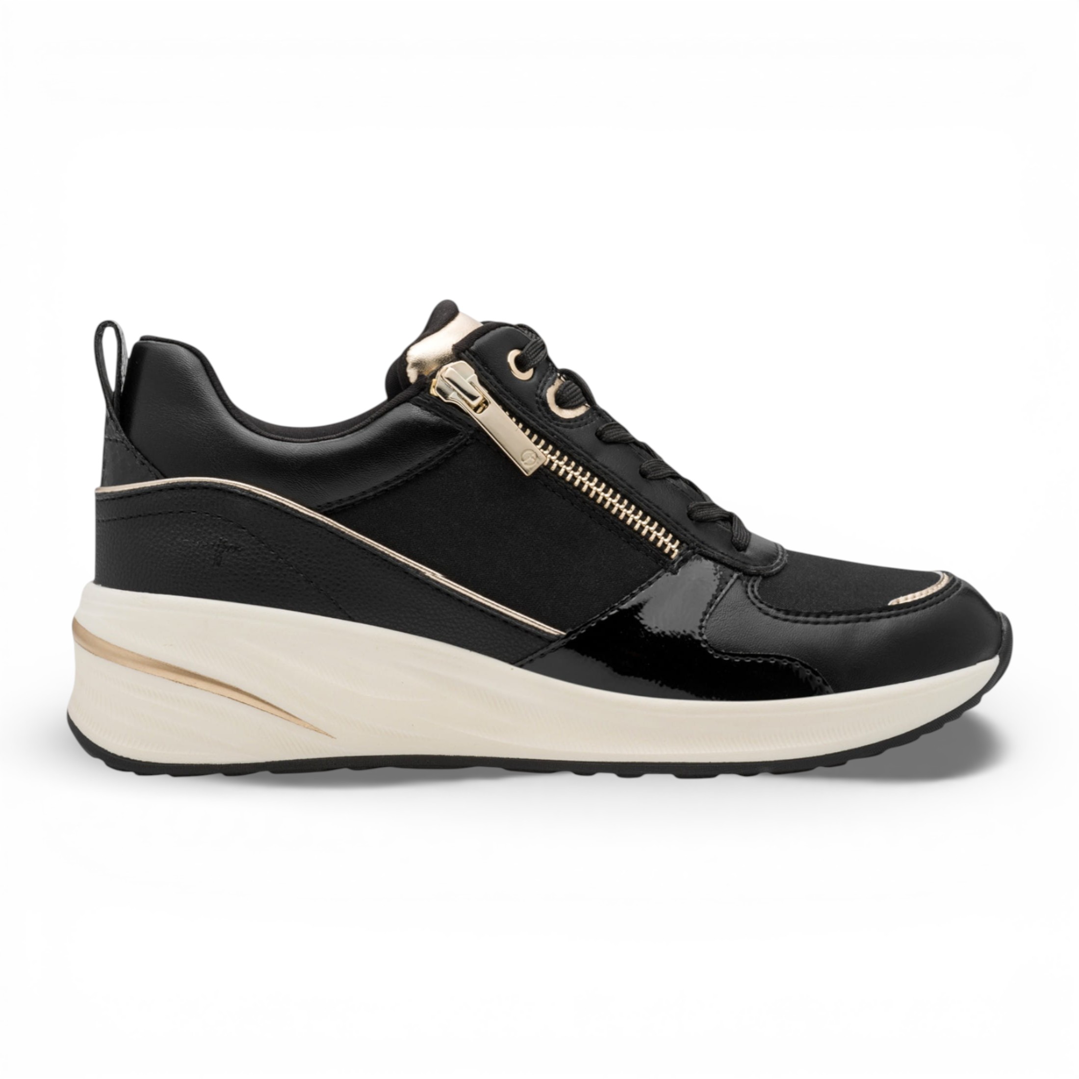 Tamaris Damen-Sneaker mit Plateau, schwarz-golden, mit Reißverschluss und Schnürung