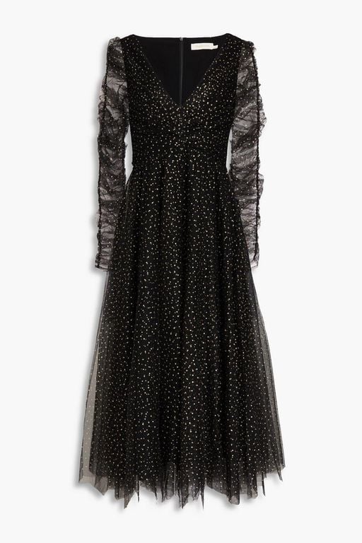 Ruched Glittered Tulle Midi Dress - Black - Zimmermann Dresses