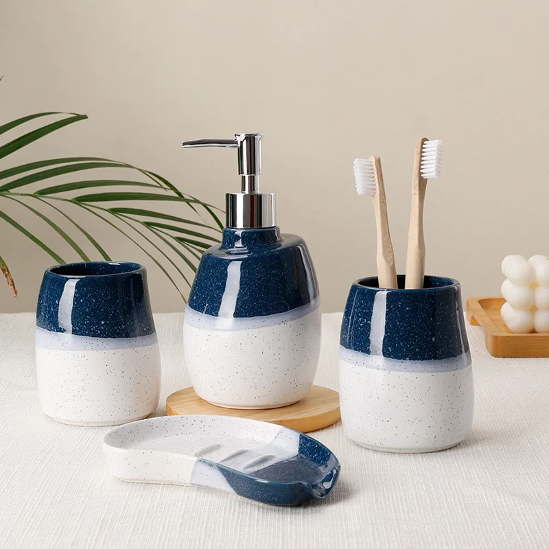 Distributeur de savon ensemble de lavage de salle de bain en céramique, ensemble de salle de bain quatre pièces, tasse de bain de bouche, bouteille de désinfectant pour les mains, ensemble de salle de