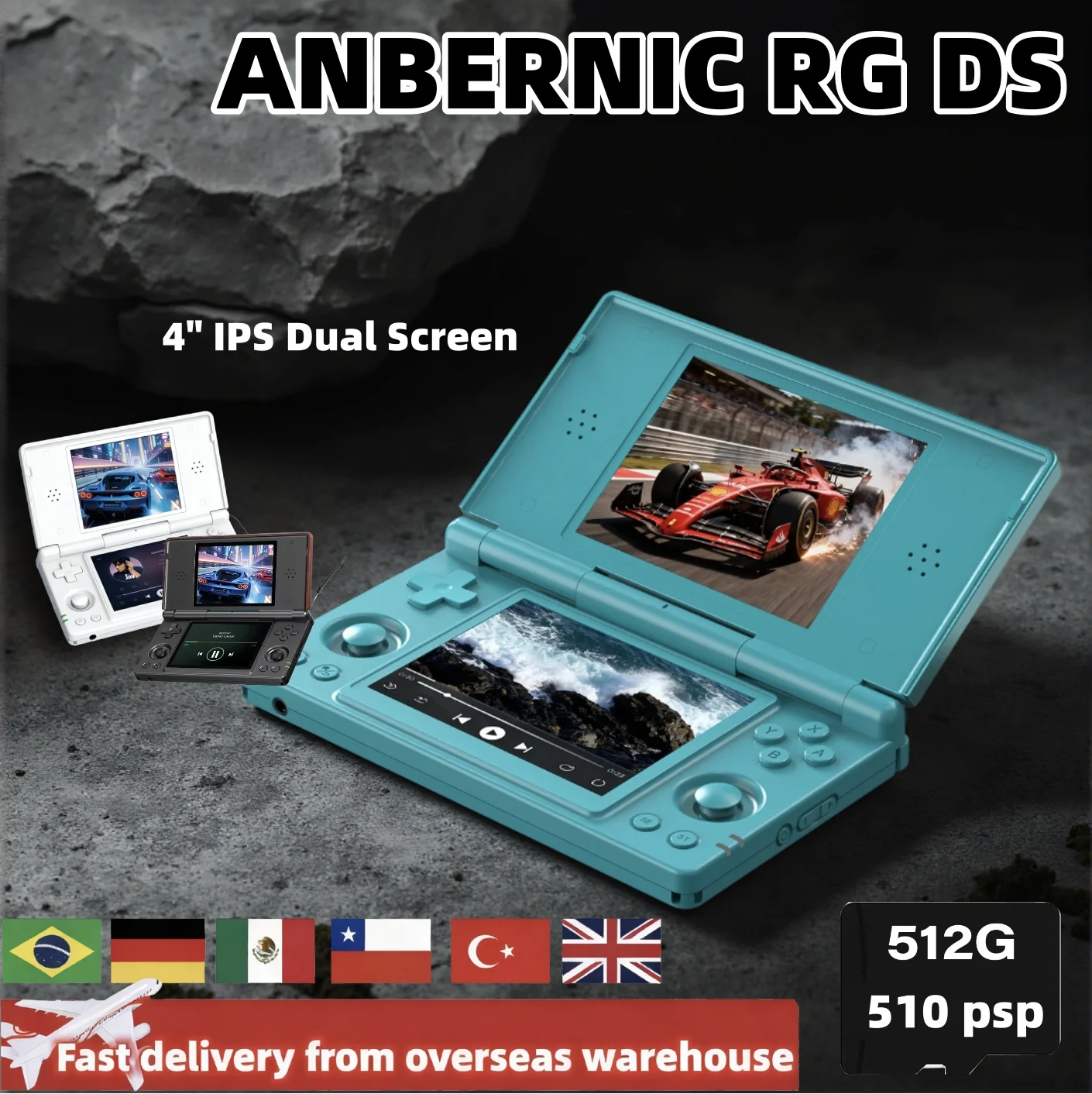 Console de jeu portable ANBERNIC RG DS, écran double, lecteur de jeux vidéo à écran rabattable, écran multi-tactile 4IPS, RK3568 Android14, jeu PSP RGDS