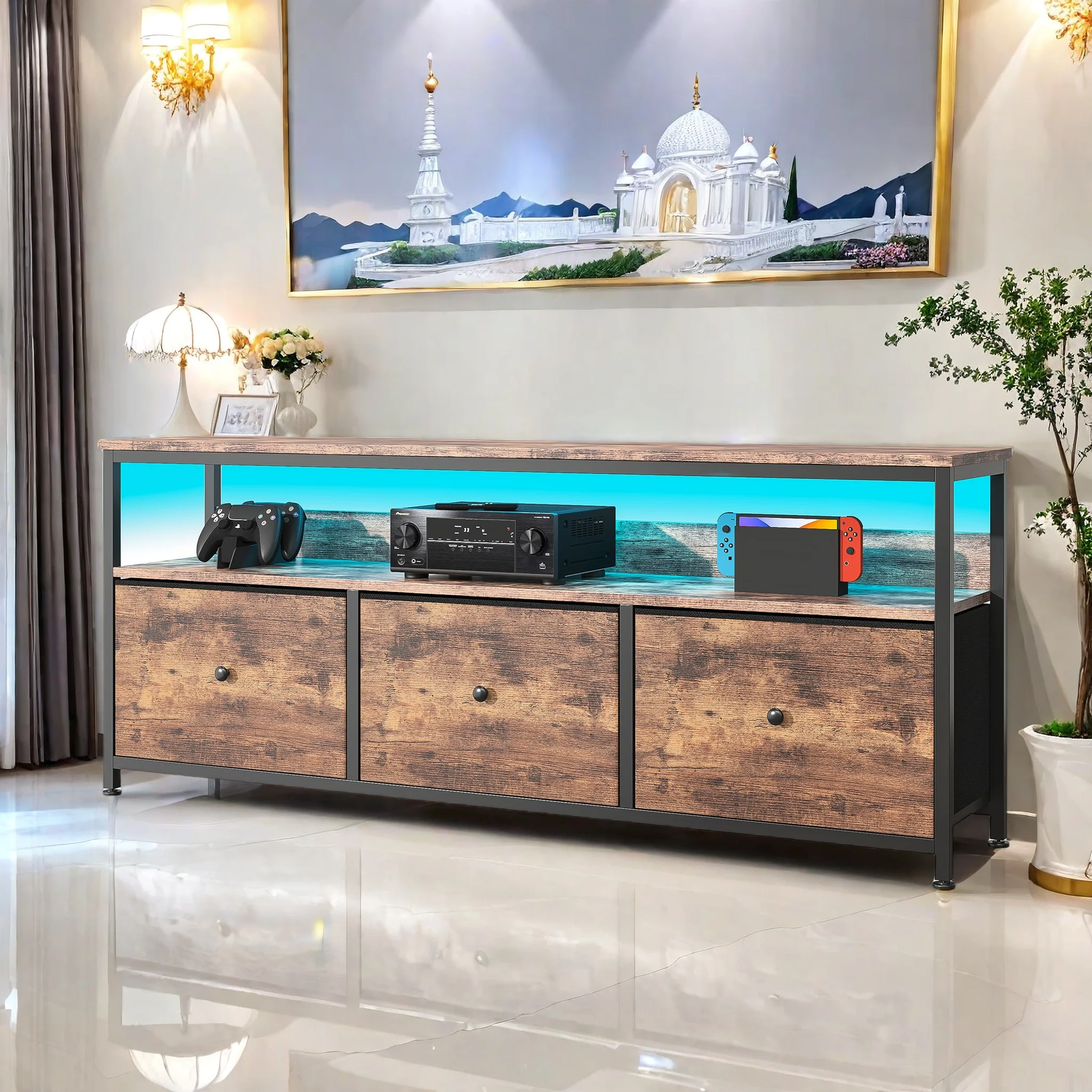 Meuble TV Comanlai avec tiroir LED, meuble TV pour salon avec rangement, meuble TV bas avec rangement pour salon et chambre