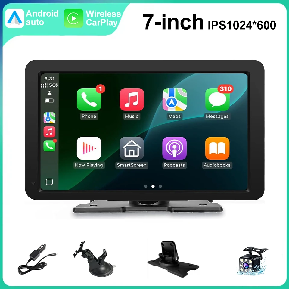 Autoradio universale portatile IPS da 7 pollici con Android Auto e Apple CarPlay, schermo wireless per IOS e Android.