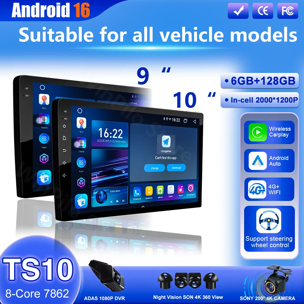 Autoradio Android 16 con CarPlay e Android Auto, Lettore Multimediale GPS 2 DIN Universale 9/10 Pollici, Stereo Auto con WiFi, Schermo QLED, Bluetooth