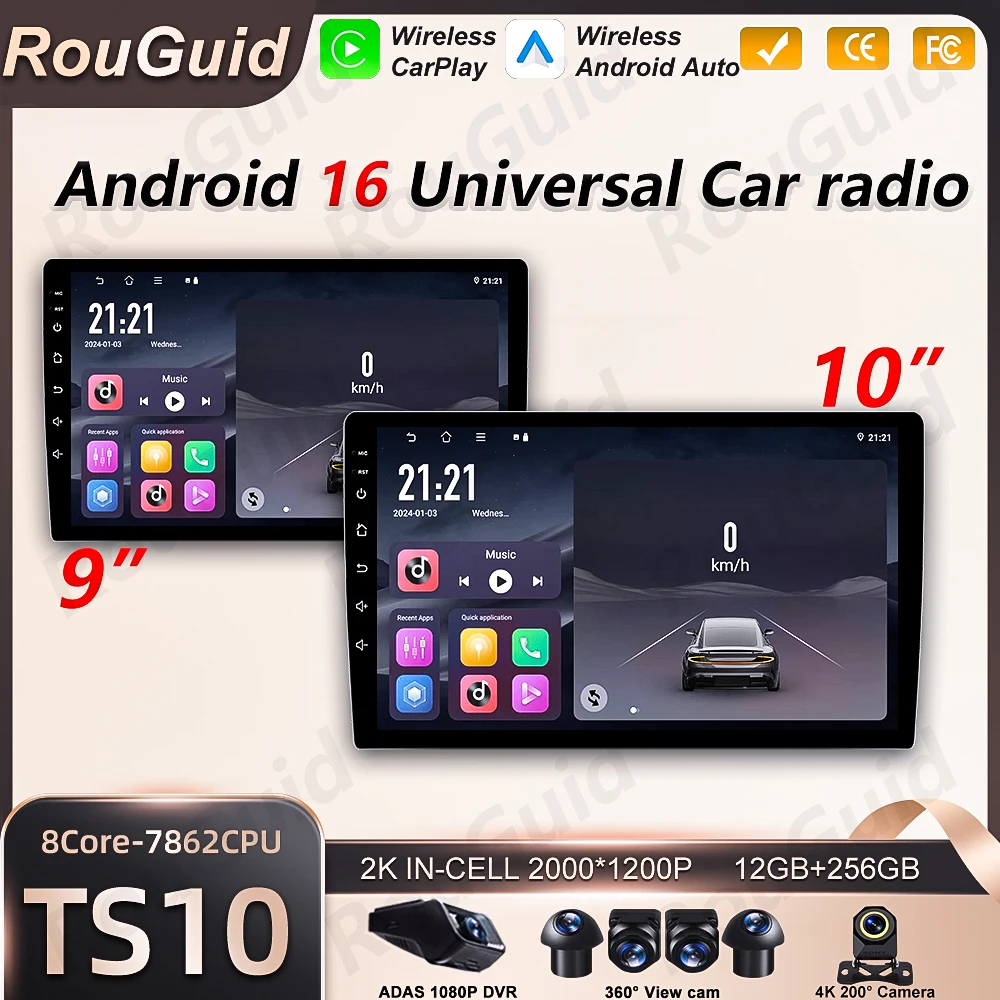 Autoradio Android 16 universale da 9/10 pollici con CarPlay, Android Auto, GPS, lettore multimediale 2 DIN, WiFi, schermo QLED e Bluetooth